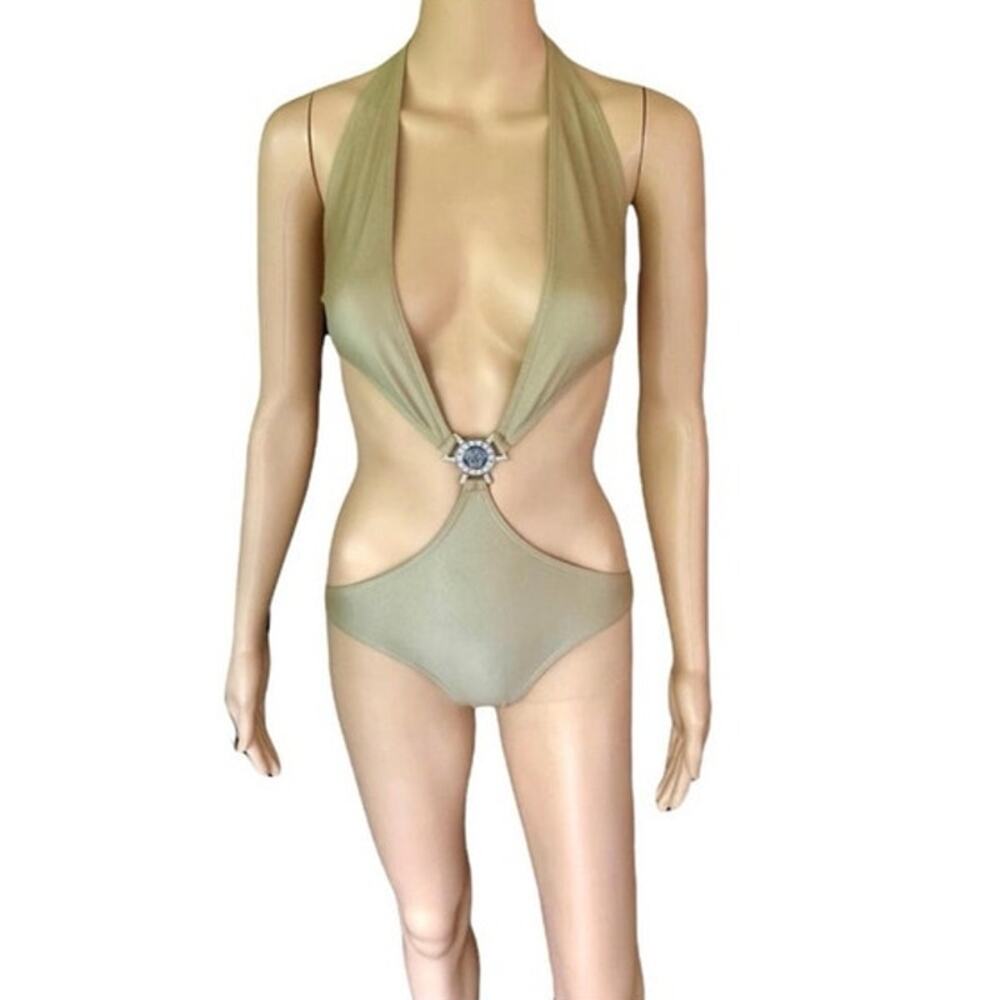 Versace Medusa SS 2005 Runway Cutout Plunging Gold Metallic Swimsuit Sz 42 US 6